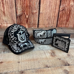 Conjunto de cinturón/billetera/sombrero de caballo de vaquero occidental bordado en plata para hombre Conjunto de Gorra Cinto Y Cartera Plateada