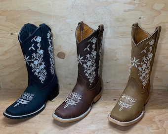VAQUERA PARA MUJER BOTAS bordadas occidentales de cuero negro, marrón y  Tang Punta cuadrada 254