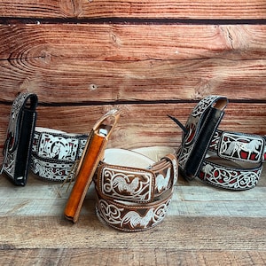 Men&#39;s Cowboy Western EMBROIDERED Belt With Phone Case Set Authentic Mexican Charro Belt Cinto Vaquero Funda de Telefono Set Bordado