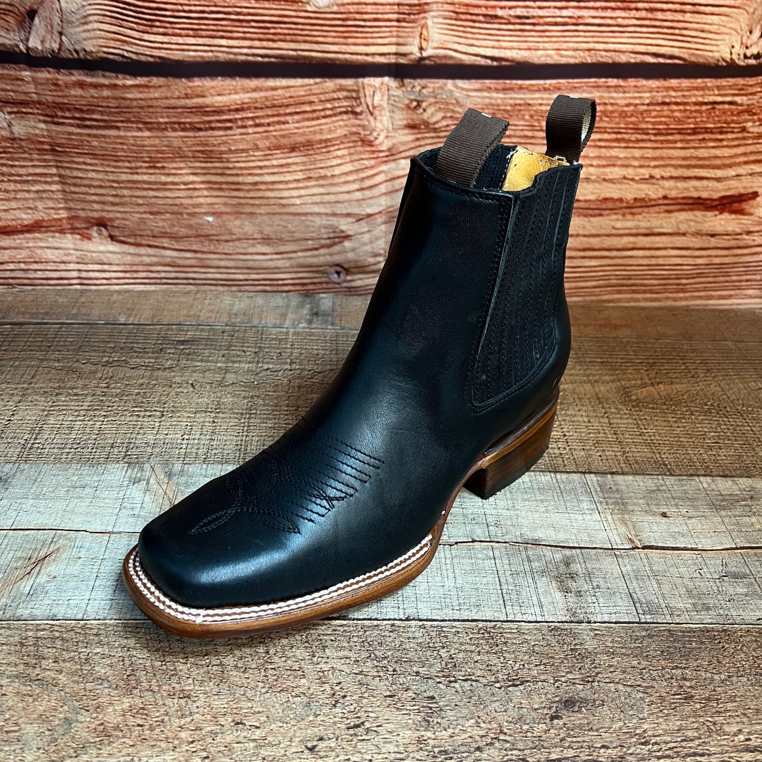 MENS Black Western LEATHER COWBOY Rodeo Square Toe Half  display picture 2