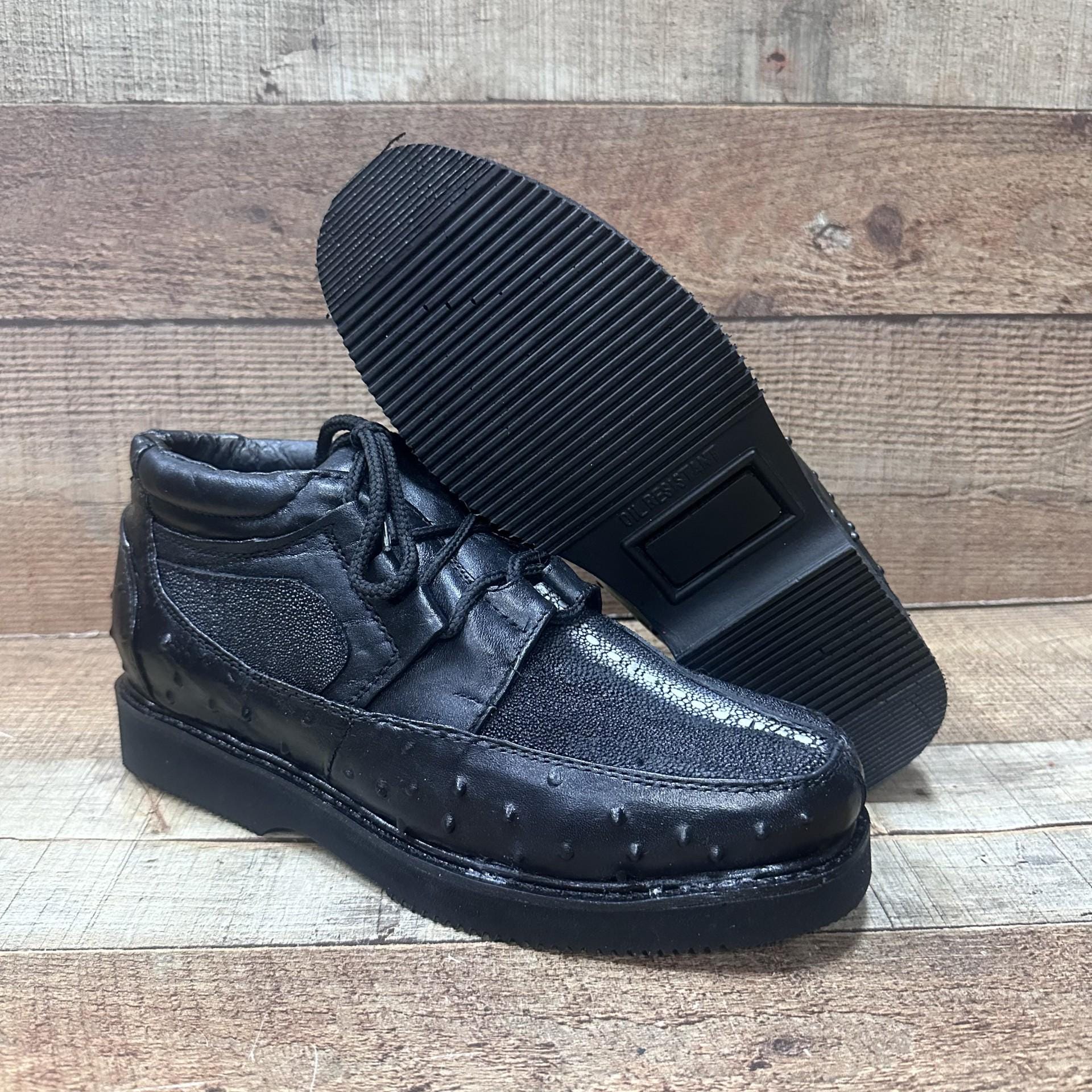 Men's crocodile/ostrich stingray print leather shoes black comfortable / zapato piel impreso ave/coco mantarraya negro super comodo Est.1214