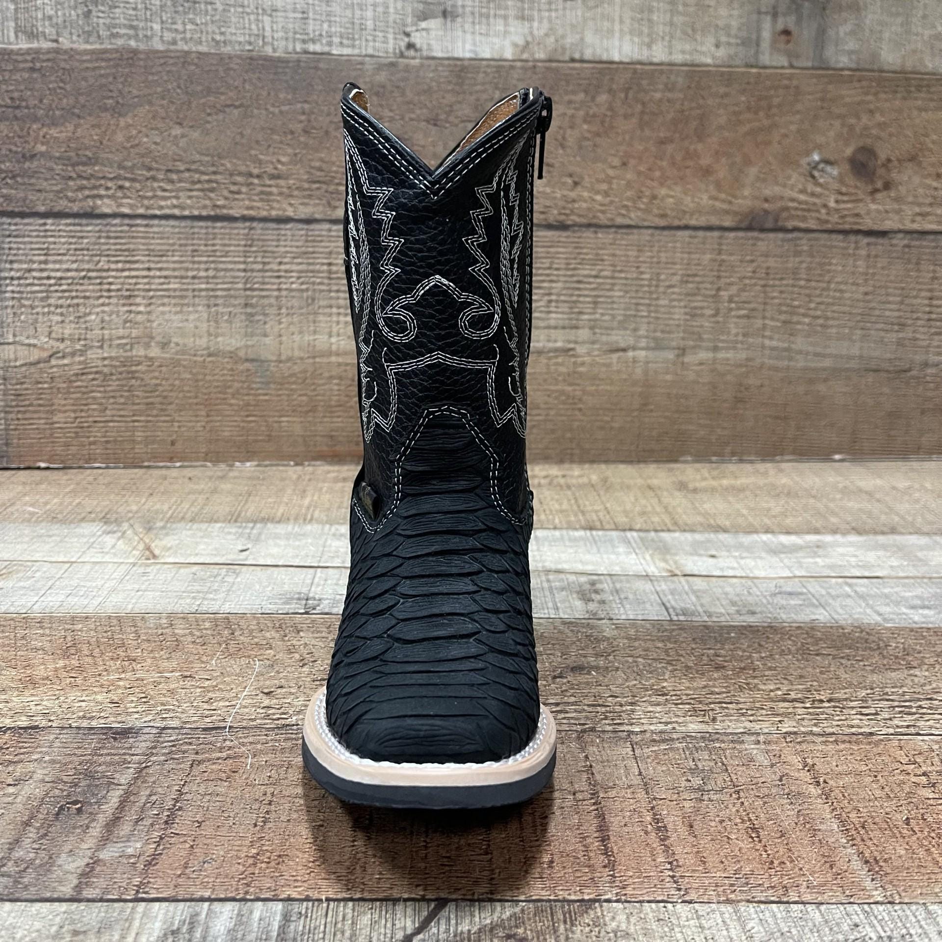 Boy's Zipper Western Cowboy Boots: Python Embroidered Square Toe