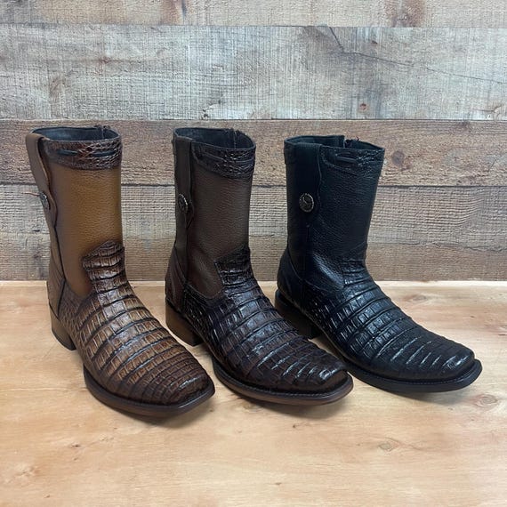 Men's Black Caiman Print Leather Cowboy Boots With Side Zip