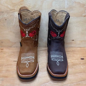 Girls TODDLER YOUTH western square toe leather cowgirl ROSE Embroidered boots Est. 706