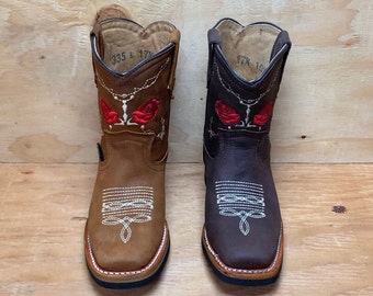 Mädchen KLEINKIND JUGENDliche Western Karree Leder Cowgirl ROSE Bestickte Stiefel Est. 706