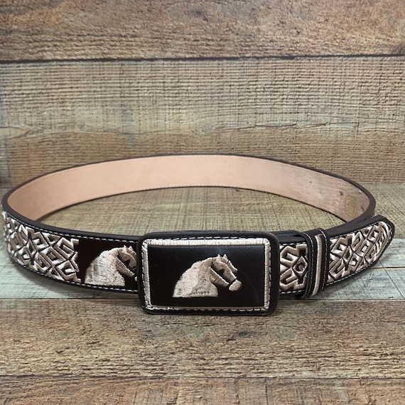 Hand-Painted Horse Leather Belt - Western Cowboy Tool Belt With Carved Floral Designs (Size 36, Brown) - View #6