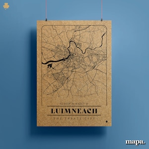 Limerick City Ireland Print Map Poster in Irish - Totally Unique! A3 & A4