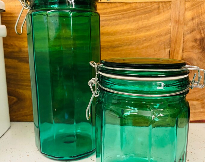 Vintage Green Glass Canister Set of 2 Vintage Green Glass Etsy