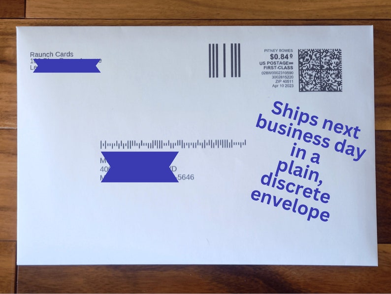 May include: White envelope with blue markings and text that reads "Ships next business day in a plain, discrete envelope".