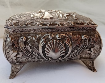 Vintage Art Nouveau Hand Engraved Jewelry Box With Red Velvet Lining Mid  20th Century Metalwork Masterpiece 
