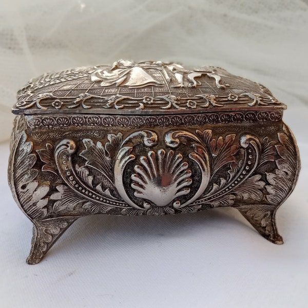 Vintage Art Nouveau Hand Engraved Jewelry Box with Red Velvet Lining - Mid 20th Century Metalwork Masterpiece