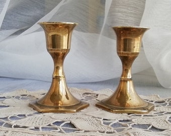 Vintage Brass Candlestick Holders Pair Small Gold Tone Candle Holders