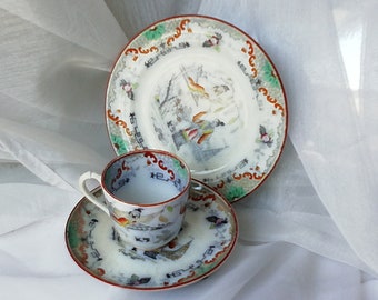 Vintage Hand-Painted Timor Porcelain Coffee Cup, Saucer, and Dessert Plate Set