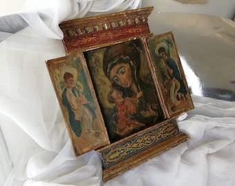 Rare 18th-Century Gilded Triptych: Hand-Painted Antique Religious Art - Virgin and Child Jesus