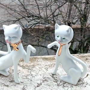 Vintage Bisque Cat Couple - Fine European Porcelain - Hand-Painted and Signed - Collectible Cat Figurines