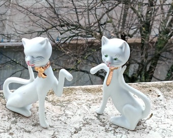 Vintage Bisque Cat Couple - Fine European Porcelain - Hand-Painted and Signed - Collectible Cat Figurines