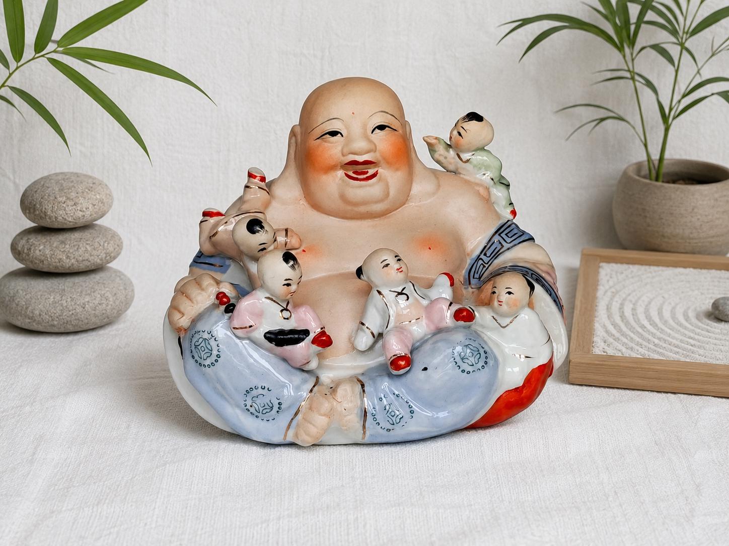 Vintage Chinese Porcelain Laughing Buddha Figurine Hand Painted