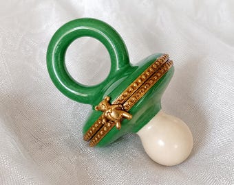 Vintage Limoges France Baby Pacifier Trinket Box Hand Painted Signed R.R. Porcelain Teddy Bear Clasp
