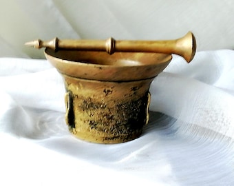 Antique Bronze Mortar and Pestle: 19th Century Hand-Engraved Apothecary Tool