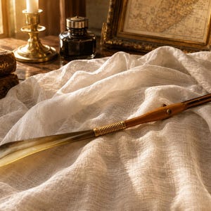 May include: A long shoehorn featuring a polished horn scoop, a smooth wooden handle, and a decorative brass-colored metal collar with ribbed detailing. The handle includes two small metal studs along its length for a secure grip.