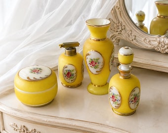 Vintage European Yellow Opaline Glass Vanity Set – Hand Painted Floral Dresser Set