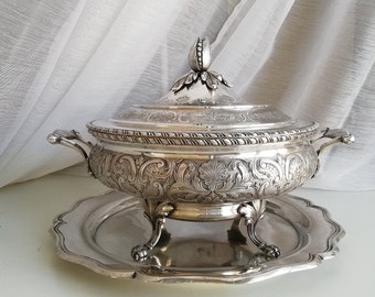 Sterling Silver Art Nouveau Tureen and Salver: Hand-Carved Table Center Decor - Gorgeous 19th Century Wedding Gift