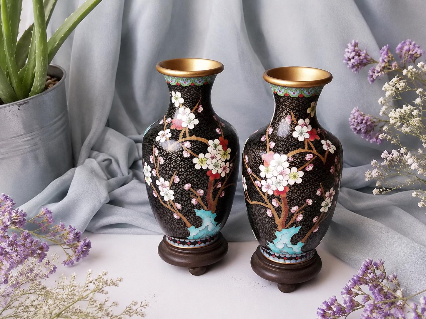 Vintage Chinese Cloisonné Vases: Enameled Bronze Floral Oriental