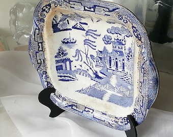 Antique English Staffordshire Blue & White Willow Pattern Transferware Square Dish, c. 1860