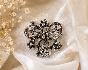 Sterling Silver Marcasite Floral Brooch, Antique Scrollwork Pin, Victorian Revival