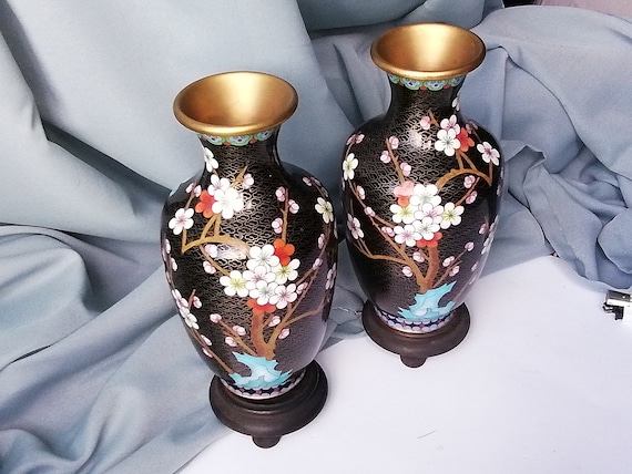 Vintage Chinese Cloisonné Vases: Enameled Bronze Floral Oriental