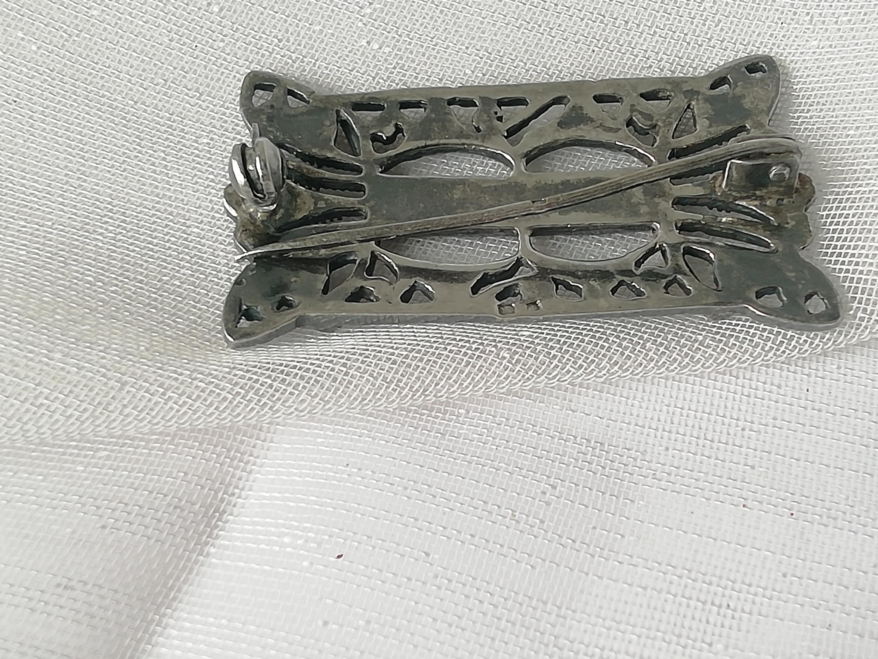 Broche Ancienne Art Nouveau En Argent Massif 830 Avec Marcassites - XIXème Siècle - Excellent état