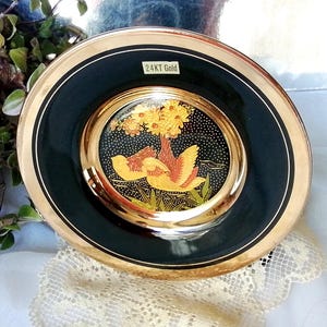 Chokin Art Plate with 24KT Gold Rim - Authentic Japanese Craftsmanship, Silver Gilt Design on Black Background