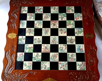 Chinese Cherry Wood Chess Set – Hand-Carved Soapstone Pieces – Eight Immortals – Board with Drawers – Taoist Oriental Decor Gift