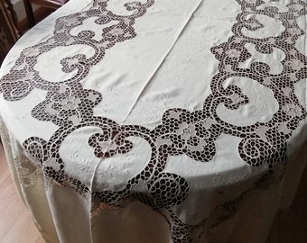 Vintage Venetian Needlepoint Tablecloth with 12 Napkins: Hand-Embroidered Floral Lace