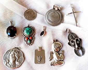 Vintage Sterling Silver Pendants Collection - Religious, Ethnic and Semi-Precious Stone Jewelry - Unique Charms & Amulets