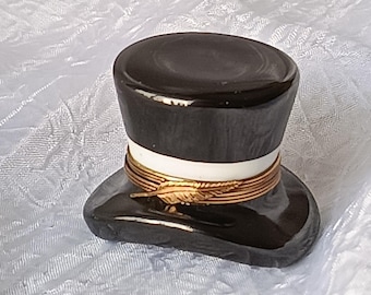 Limoges France Peint Main Top Hat Pill Box Hand Painted Porcelain