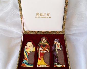 Chinese Wooden Fu Lu Shou Figurines Hand Painted Original Box Signed Vintage Chinese Carved Wood Three Gods Statue Set