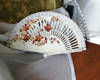 Vintage Chinese Hand Fan: Lacquered Wood, Hand-Painted Floral Design