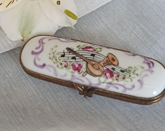 Limoges France Porcelain Pill Box Hand Painted Artist Signed Needle Case