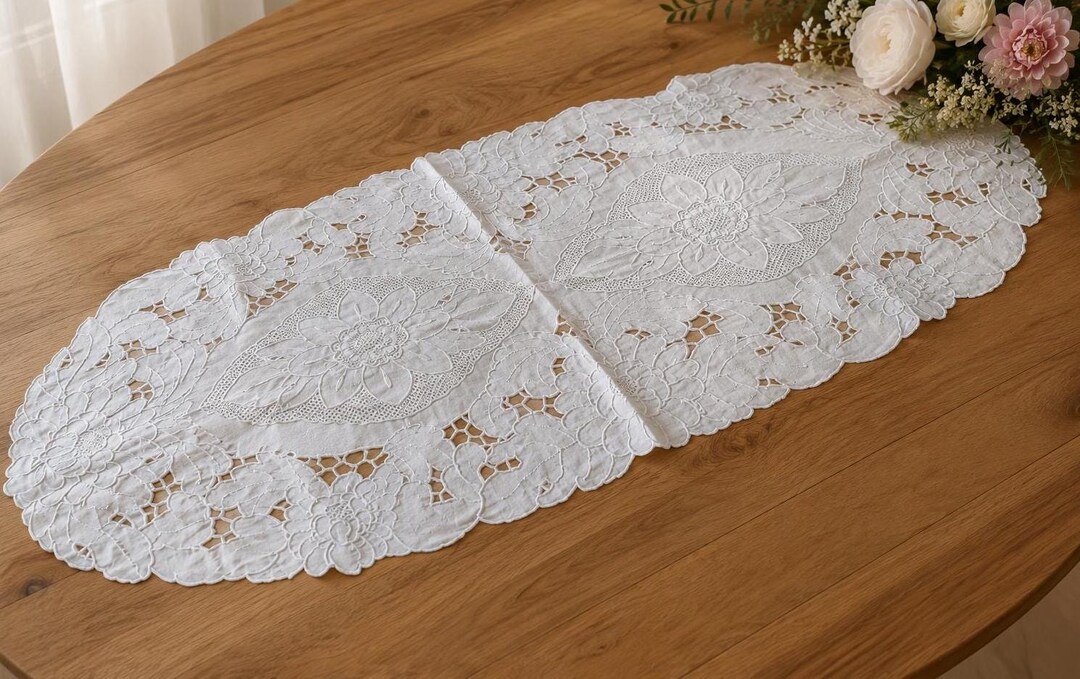 Madeira Embroidery Linen Table Runner Handmade Portuguese