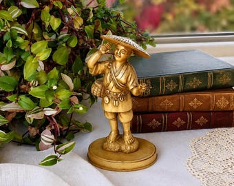 Vintage Chinese Villager Figurine – Gilt Composition Statue, Oriental Asian Decor