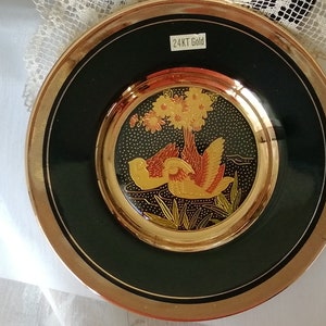 Japanese Chokin Art Collectible Plate, 24K Gold Trim