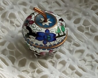 Vintage Chinese Cloisonne apple pillbox . Apple shape. Enameled Bronze.handmade. 60's