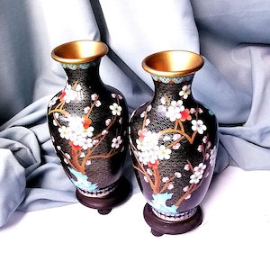 Vintage Chinese Cloisonné Vases - Handcrafted Enameled Bronze - Floral Theme - Oriental Art Pair - Unique Collectible Decor