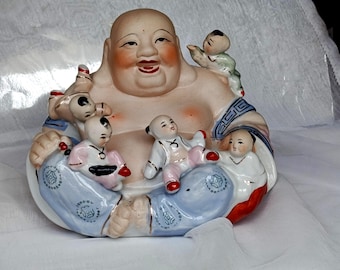 Glazed Porcelain Laughing Buddha Figurine: Budai with Children