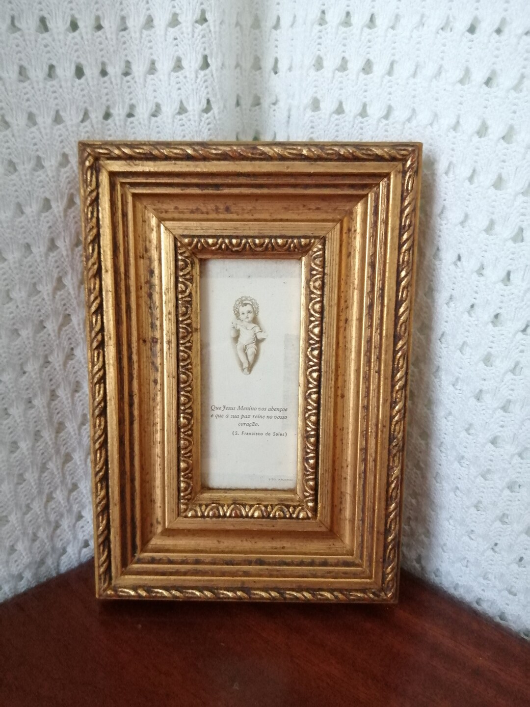 Vintage Religious Lithograph Print Featuring Baby Jesus & St. Francis