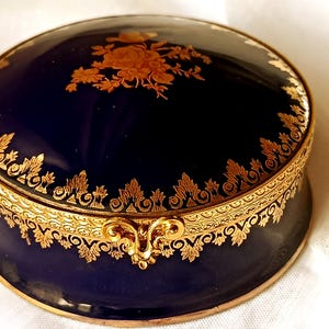 Limoges France Round Trinket Box – Fine French Porcelain – Cobalt Blue with Gold Trim – Hand-Painted Jewelry Box – Vintage Limoges Gift  Box