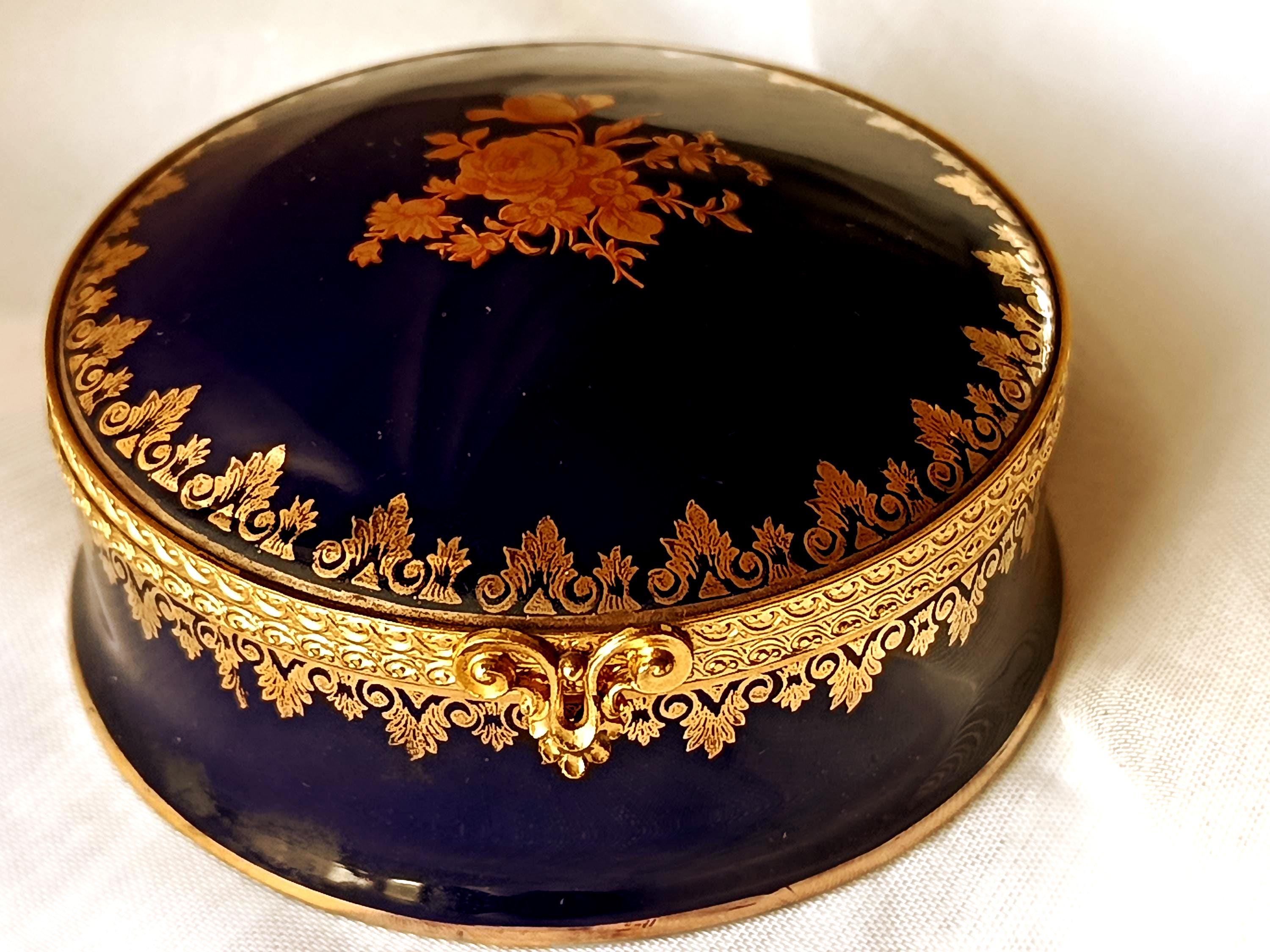 Vintage Limoges Trinket Box: Cobalt Blue French Porcelain Jewelry Box