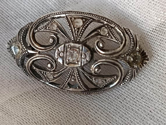 Antique Portuguese Sterling Silver Brooch – Handmade Lady’s Chest Pin with Zircon Stones