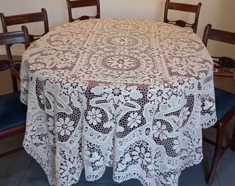 Vintage Venetian Lace Tablecloth: Hand-Embroidered Linen, 12 Napkins